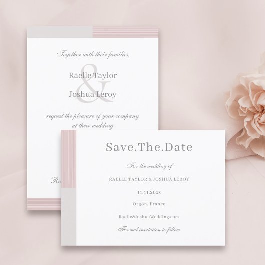 ブッシュピンク グレー ホワイト ストライプ Save The Date 招待状
