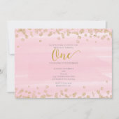 ブッシュピンク＆ゴールドのワン 1歳の誕生日招待状 招待状 (正面)