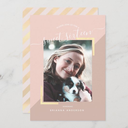 ブッシュピンク＆ゴールドカラーブロック写真スイート16 招待状 (正面/裏面)