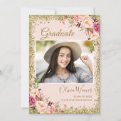 ブッシュピンク ゴールドグリッター 花柄 フォト 卒業 招待状 (正面)