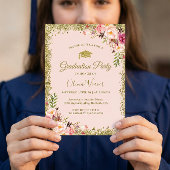 ブッシュピンク ゴールドグリッター 花柄 フォト 卒業 招待状