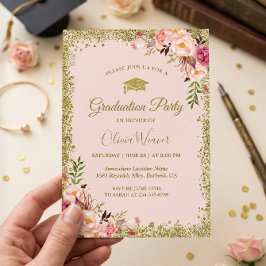 ブッシュピンク ゴールドグリッター 花柄 フォト 卒業 招待状