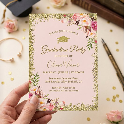 ブッシュピンク ゴールドグリッター 花柄 フォト 卒業 招待状