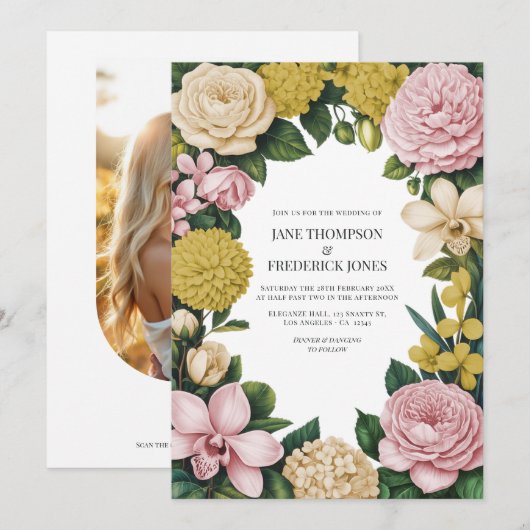 ブッシュピンク、シャンパン＆ゴールドの花の結婚式 招待状 (正面/裏面)