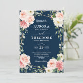 ブッシュピンク ネイビーブルー ジオメトリック ボタニカル ウェディング 招待状 (スタンド正面)