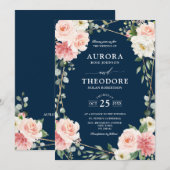 ブッシュピンク ネイビーブルー ジオメトリック ボタニカル ウェディング 招待状 (正面/裏面)