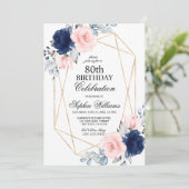 ブッシュピンク＆ネイビーブルー 花柄 80歳の誕生日 招待状 (スタンド正面)