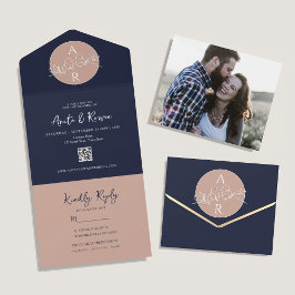 ブッシュピンク ネイビーブルー QRコード 写真 結婚式 オールインワン招待状