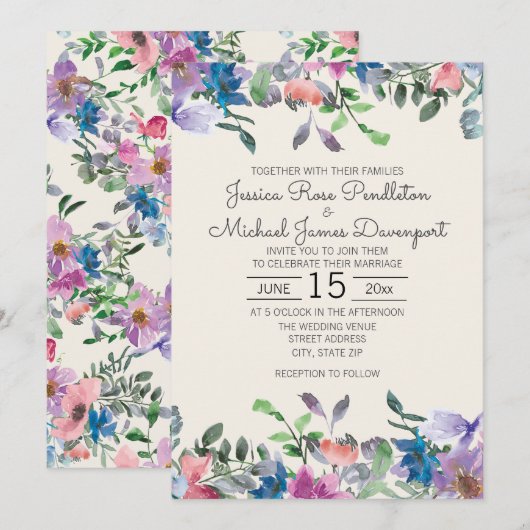ブッシュピンク パープル ウォーターカラー ガーデン フラワーズ ウェディング 招待状 (正面/裏面)