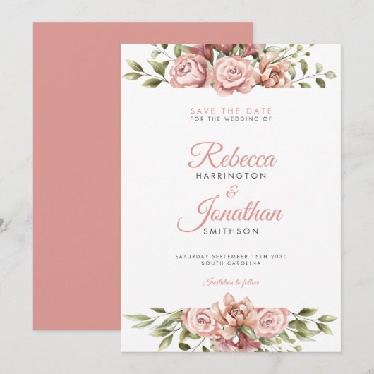 ブッシュピンク フローラル ウェディング セーブ・ザ・デート 招待状 (正面/裏面)