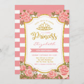 ブッシュピンク フローラル ゴールド クラウン プリンセス 誕生日 招待状 (正面/裏面)