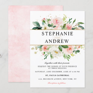 ブッシュピンク フローラル モダン ゴールド ジオメトリック ウェディング 招待状