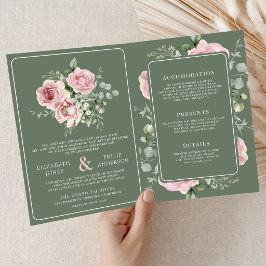 ブッシュピンク フローラル ユーカリ サージブルー 緑の結婚式 招待状