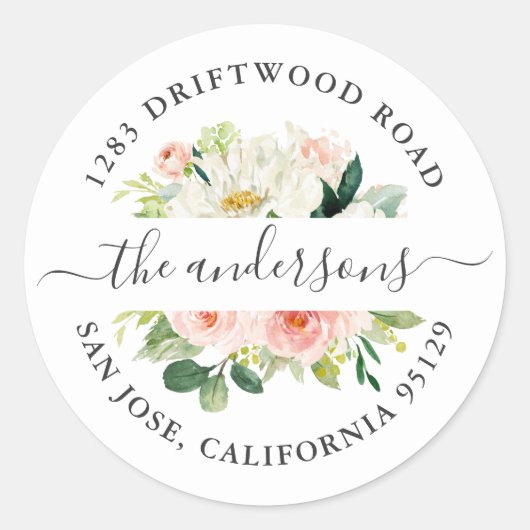 ブッシュピンク フローラル 返信先住所封筒シール ラウンドシール (正面)