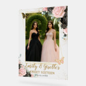 ブッシュピンク ブラック フラワー キンチアネラ 誕生日 フォト アクリルサイン (傾斜)