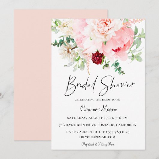 ブッシュピンク ボタニカル フラワーブライダルシャワー 招待状 (正面/裏面)