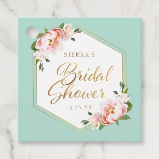 ブッシュピンク ミントグリーン ゴールド ジオメトリック ブライダルシャワー フェイバータグ (正面)