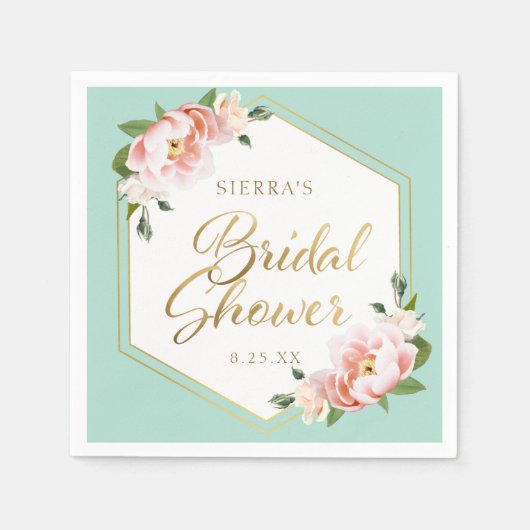 ブッシュピンク ミントグリーン ゴールド 幾何学 ブライダルシャワー スタンダードカクテルナプキン (正面)