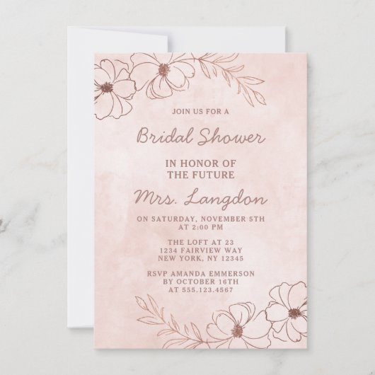 ブッシュピンク＆ローズゴールドの箔押しウェディング ブライダルシャワー 招待状 (正面)