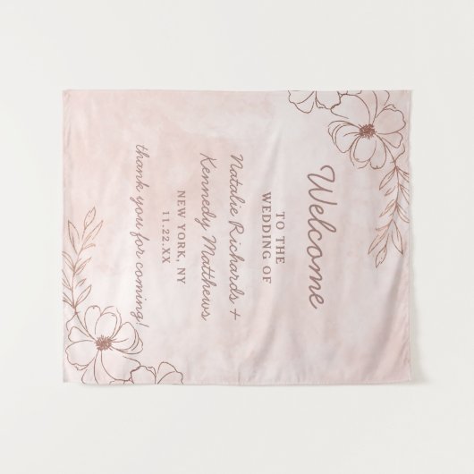 ブッシュピンク＆ローズゴールドの箔押し花の結婚式ウェルカムサイン タペストリー (正面(横))