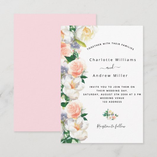 ブッシュピンク ローズゴールド フローラル ホワイト ウェディング 招待状 (正面/裏面)