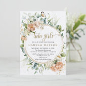 ブッシュピンク ローズ ユーカリ ツインガール ベビーシャワー 招待状 (スタンド正面)