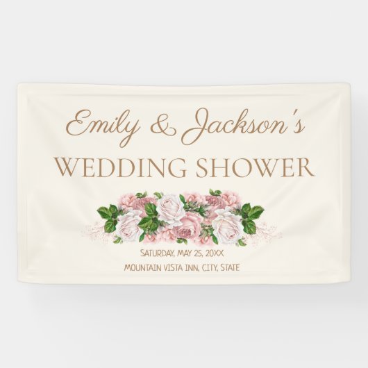 ブッシュピンク ヴィンテージ フラワーの新郎新婦の結婚前お披露目パーティー 横断幕 (横)