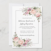 ブッシュピンク 緑 灰色 水彩 花 モダン ウェディング 招待状 (正面)