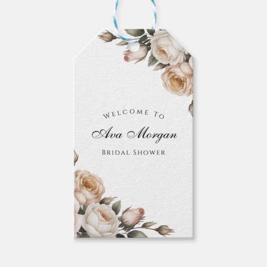 ブッシュホワイトとゴールドの花のウェディングシャワーの感謝 ギフトタグ (正面)