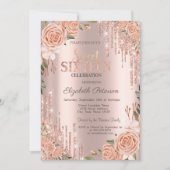ブッシュローズ グリッター ドリップ ローズゴールド スウィート16 招待状 (正面)