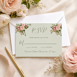ブッシュローズ・セージグリーンのフラワーモチーフの結婚式RSVPカード 出欠カード