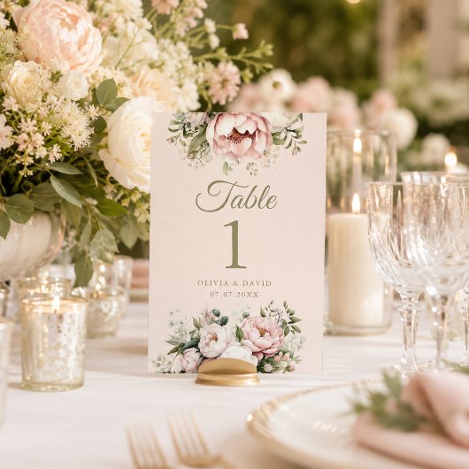 ブッシュ＆アイボリーの芍薬の結婚式テーブルナンバー