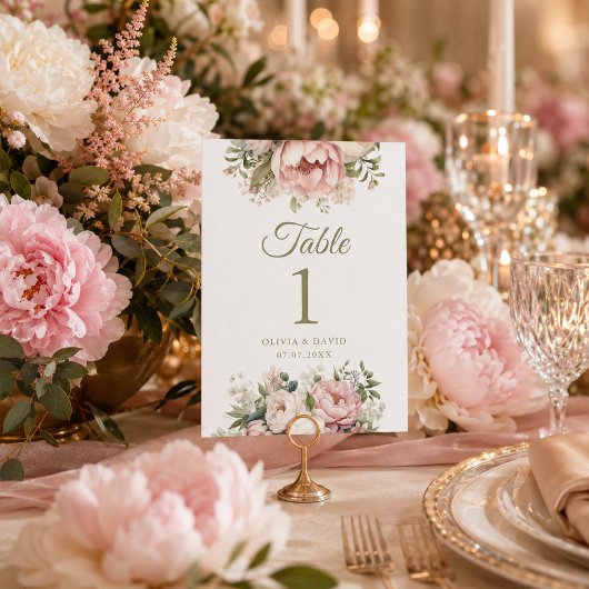 ブッシュ&アイボリーの芍薬の結婚式テーブルナンバー