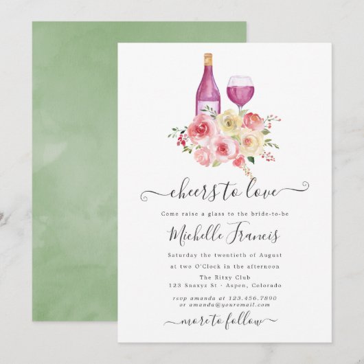 ブッシュ＆セージの花をテーマにしたブライダルシャワーのワイン試飲 招待状 (正面/裏面)