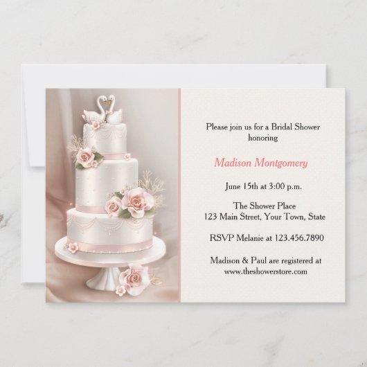 ブッシュ ティアード ケーキ、バラ、スワン、ブライダル シャワー 招待状 (正面)