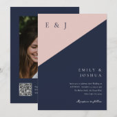 ブッシュ ネイビーブルー モダン QRコード フォト ウェディング 招待状 (正面/裏面)