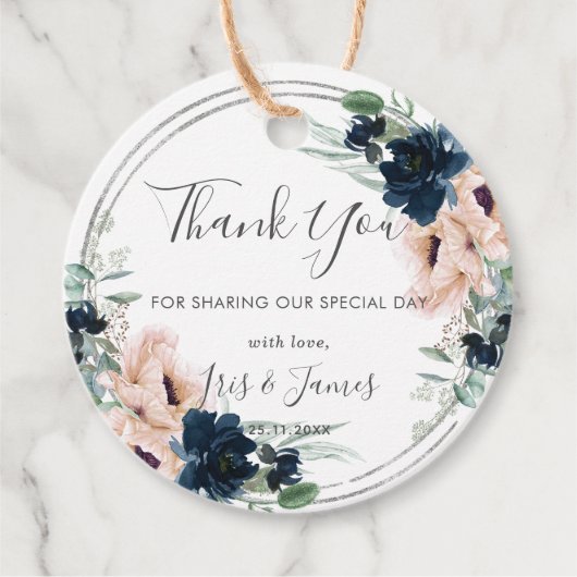 ブッシュ ネイビー ローズ フローラル シルバー ウェディング サンクス フェイバータグ (正面)