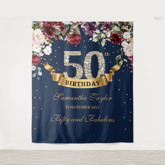 ブッシュ バーガンディーとピンクの花 50歳の誕生日 タペストリー (正面)