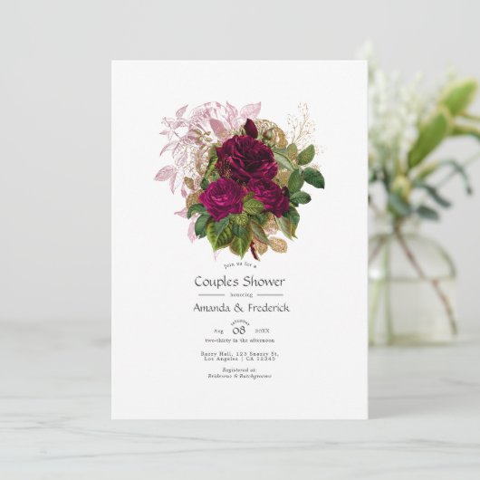 ブッシュ バーガンディ ゴールド シャビー フラワーのカップルシャワー 招待状 (スタンド正面)