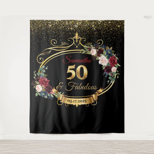 ブッシュ バーガンディ ネイビー フラワー バースデー バックドロップ タペストリー (正面)