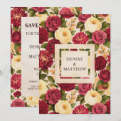 ブッシュ バーガンディ フローラル ウォーターカラー ウェディング セーブザデート (正面/裏面)