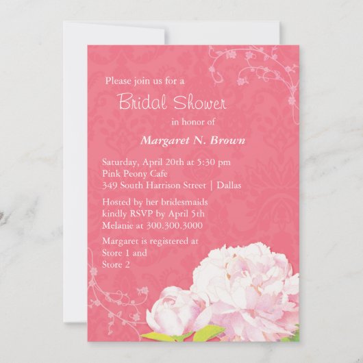 ブッシュ ピオニー コーラル ピンクの結婚前お披露目パーティー 招待状 (正面)