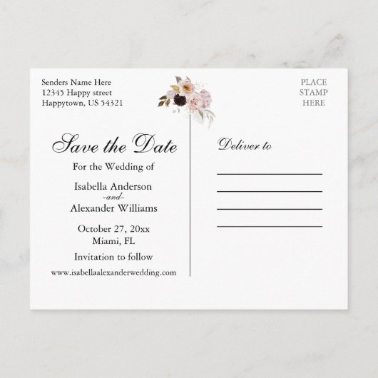 ブッシュ ピオニー & ゴールド バーガンディ Save The Date ポストカード (裏面)