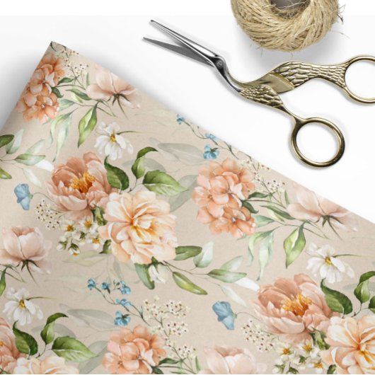 ブッシュ＆ピーチの水彩花柄ウェディング ラッピングペーパー