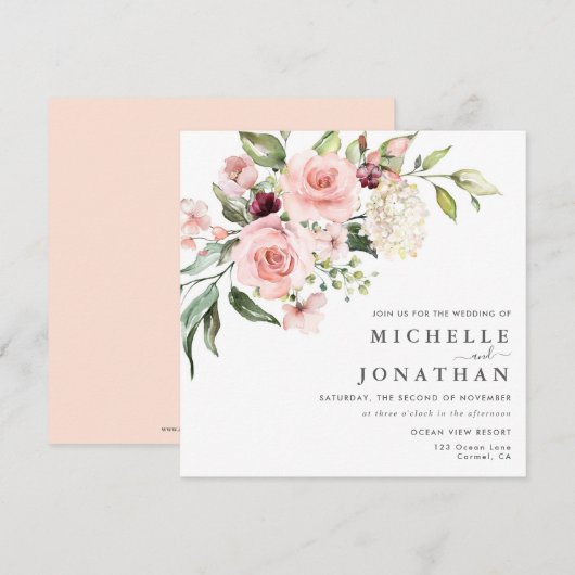 ブッシュ フラワーの水彩 結婚式招待状 スクエア 招待状 (正面/裏面)