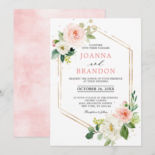 ブッシュ フラワーズ ゴールド モダン ジオメトリック フレーム ウェディング 招待状 (正面/裏面)