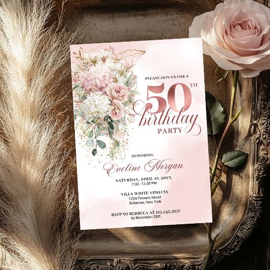ブッシュ フラワー ユーカリ ローズゴールド 50歳の誕生日 招待状
