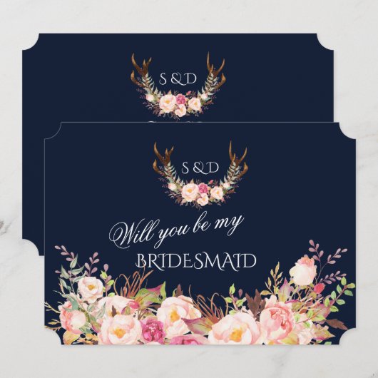 ブッシュ フローラル アントラーズ あなたは私のブライズメイドになりますか 招待状 (正面/裏面)