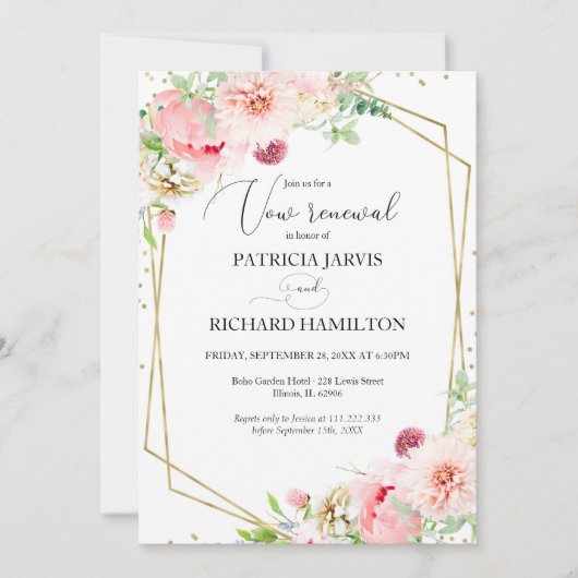 ブッシュ フローラル エレガント ジオメトリック ウェディング ヴァウ リニューアル 招待状 (正面)