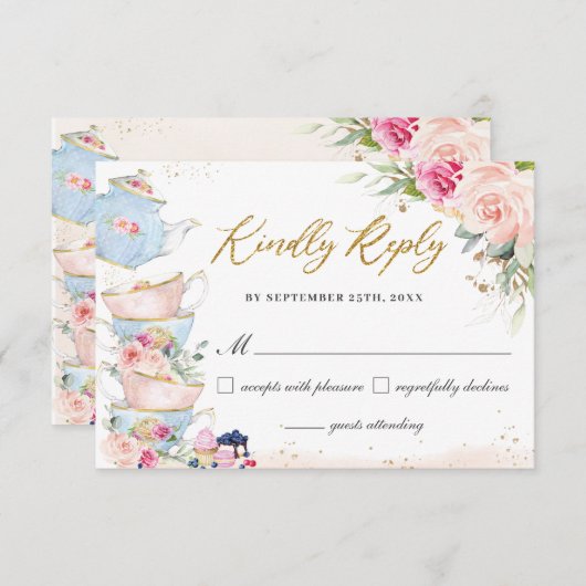 ブッシュ フローラル ハイティーパーティー ブライダルシャワー 誕生日 出欠カード (正面/裏面)